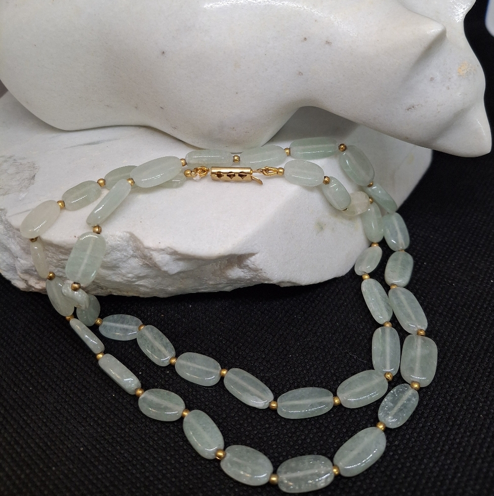 VINTAGE Jadeite Beaded Necklace with Golden Accents 24"